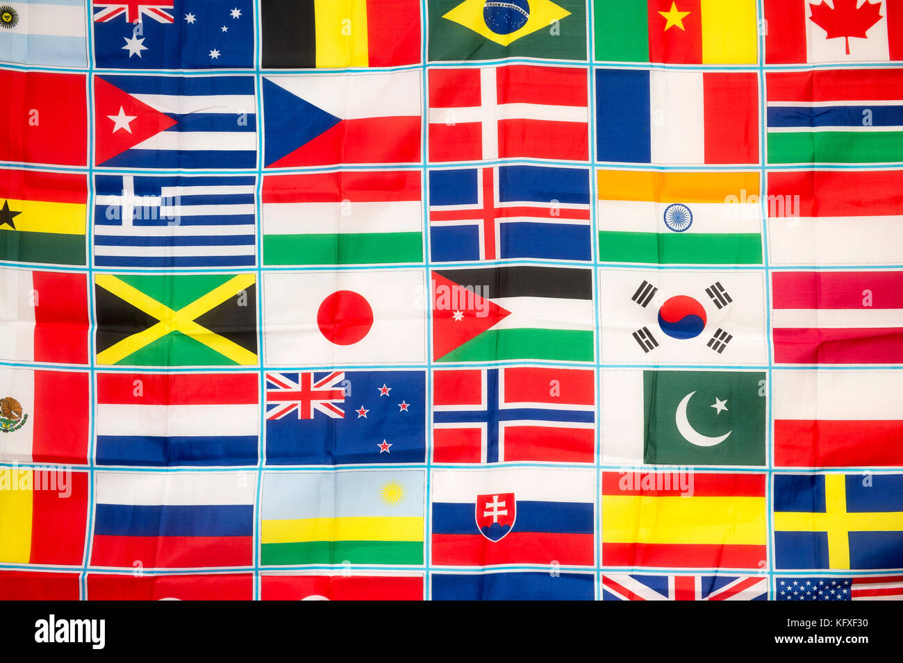 A school wall display showing some national flags of the world. Stock Photo