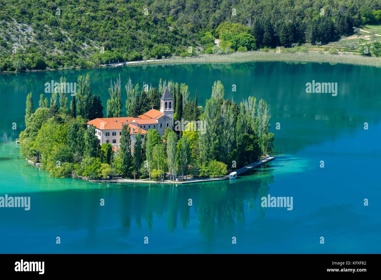 Visovac Monastery at Visovačko jezero, Krka National Park, Brištane, Šibensko-Kninska, Dalmatia, Croatia, Europe. Stock Photo