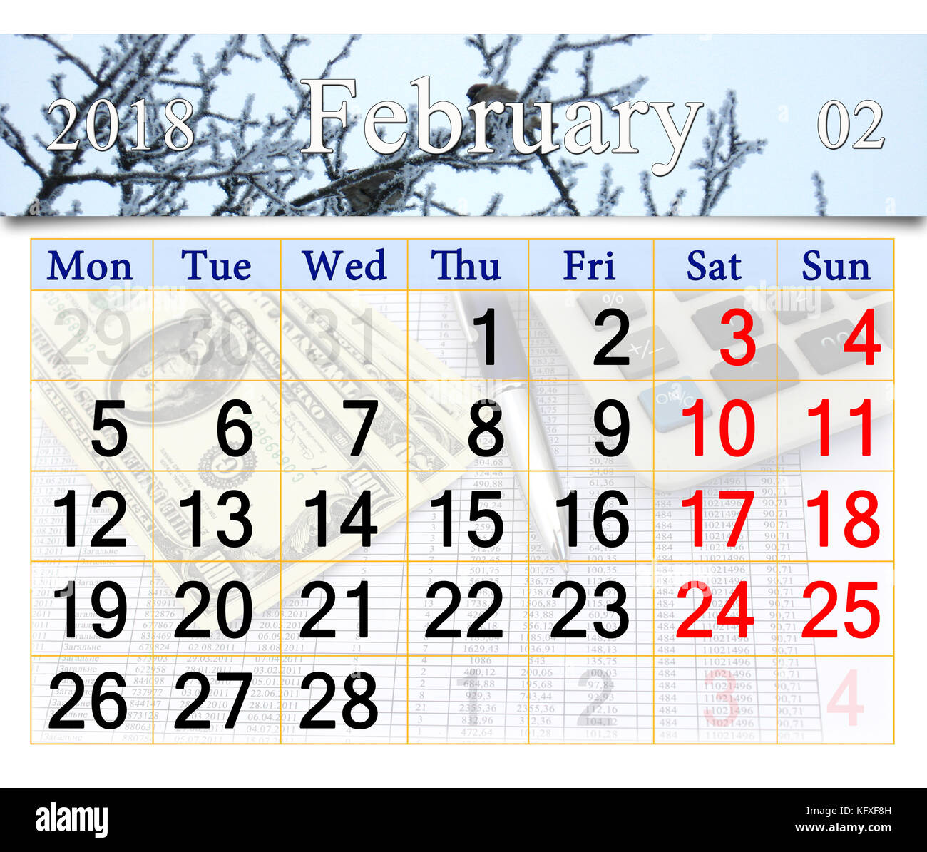 calendar for January 2018 with ribbon of flying sparrows above the snowy branch Stock Photo