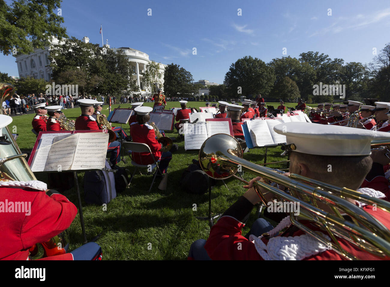 The President’s Own-U.S. Marine Band perform for visitors viewing the South Lawn, the Jacqueline Kennedy Garden and the Rose Garden, during the White House Fall Garden Tours, Saturday, October 21, 2017, at the White House, in Washington, D.C.  People:  U.S. Marine Band  Transmission Ref:  MNC  Hoo-Me.com / MediaPunch Stock Photo
