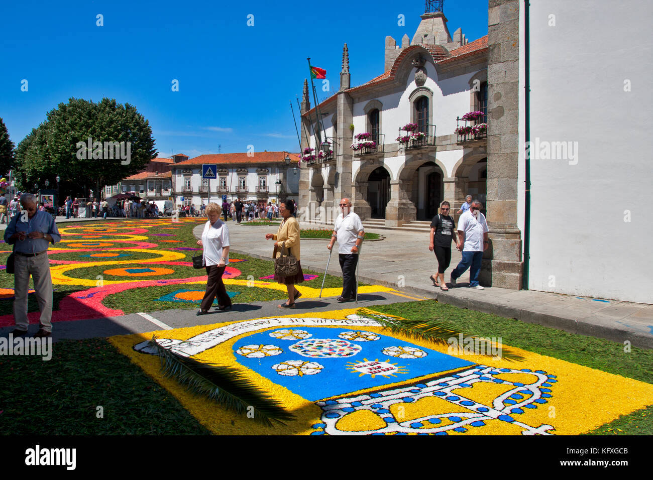 Caminha, Portugal, celebrations of the religious holiday of Corpus Christi by paving several of its main streets with flowers, tapetes de Flores Stock Photo
