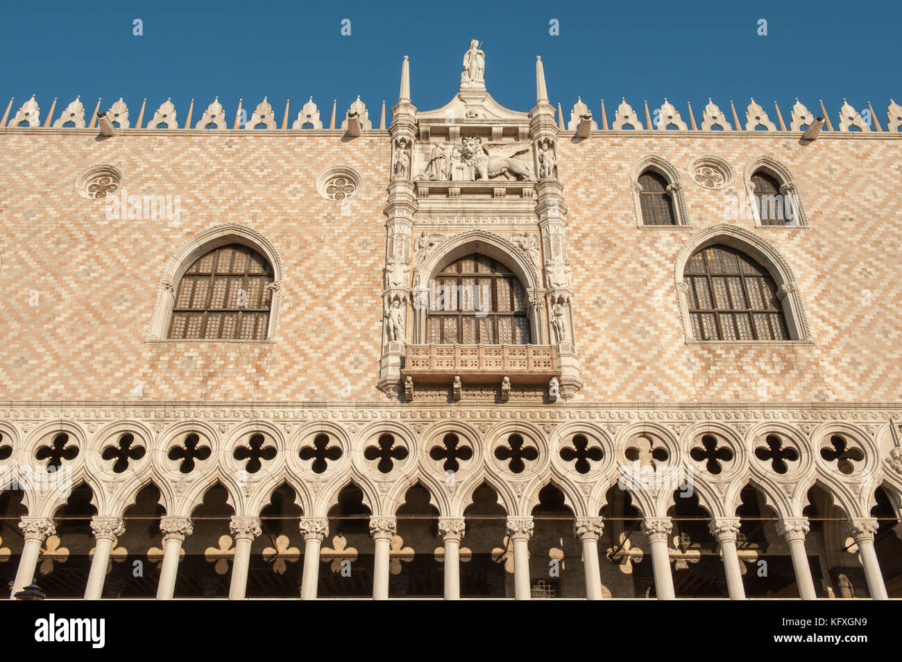 Detail of Doge’s Palace or Palazzo Ducale in San Marco, Venice, Italy. The oldest parts of the palace were established 1340. Stock Photo
