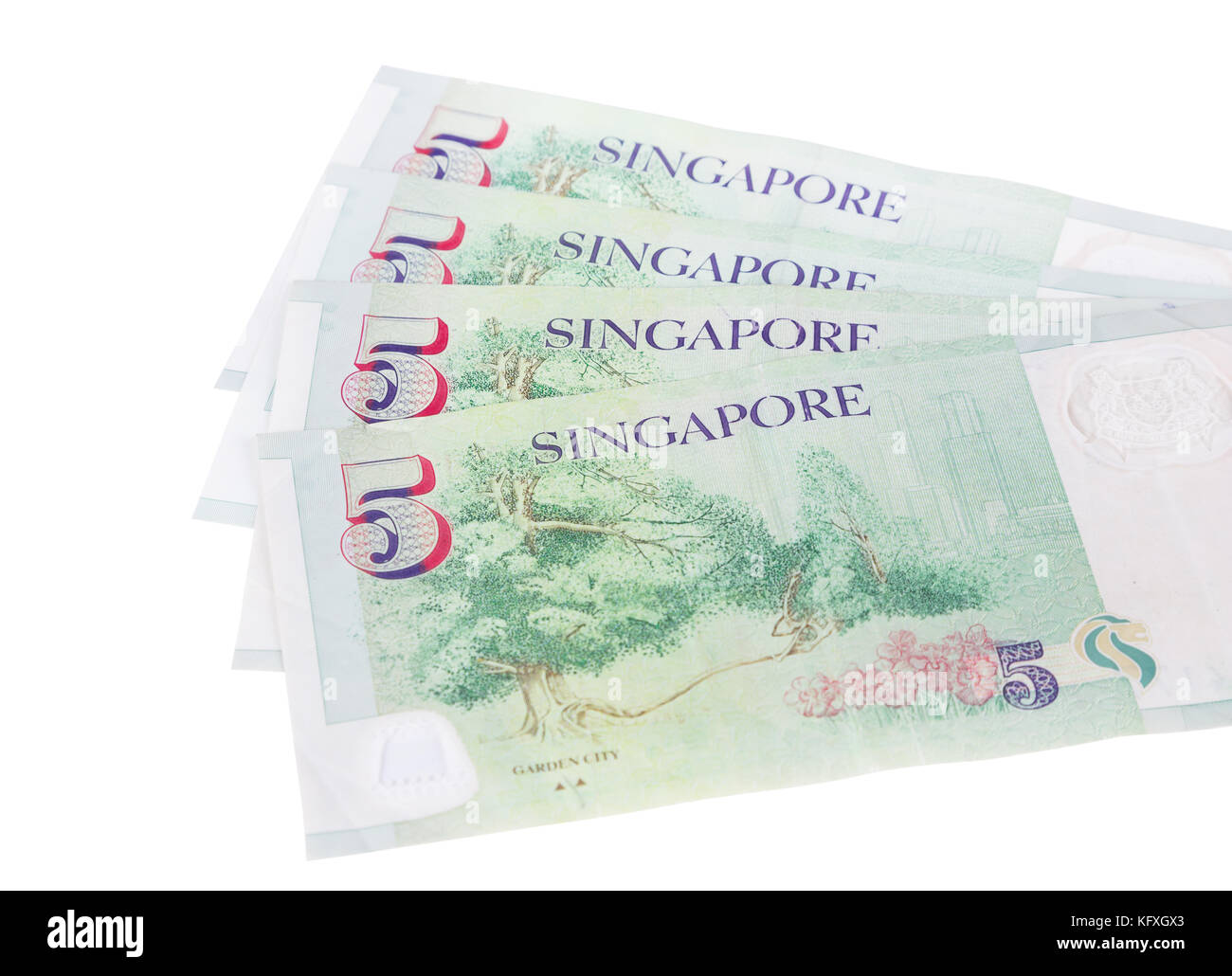 Singapore banknotes dollars (5 SGD) isolated on a white background Stock Photo