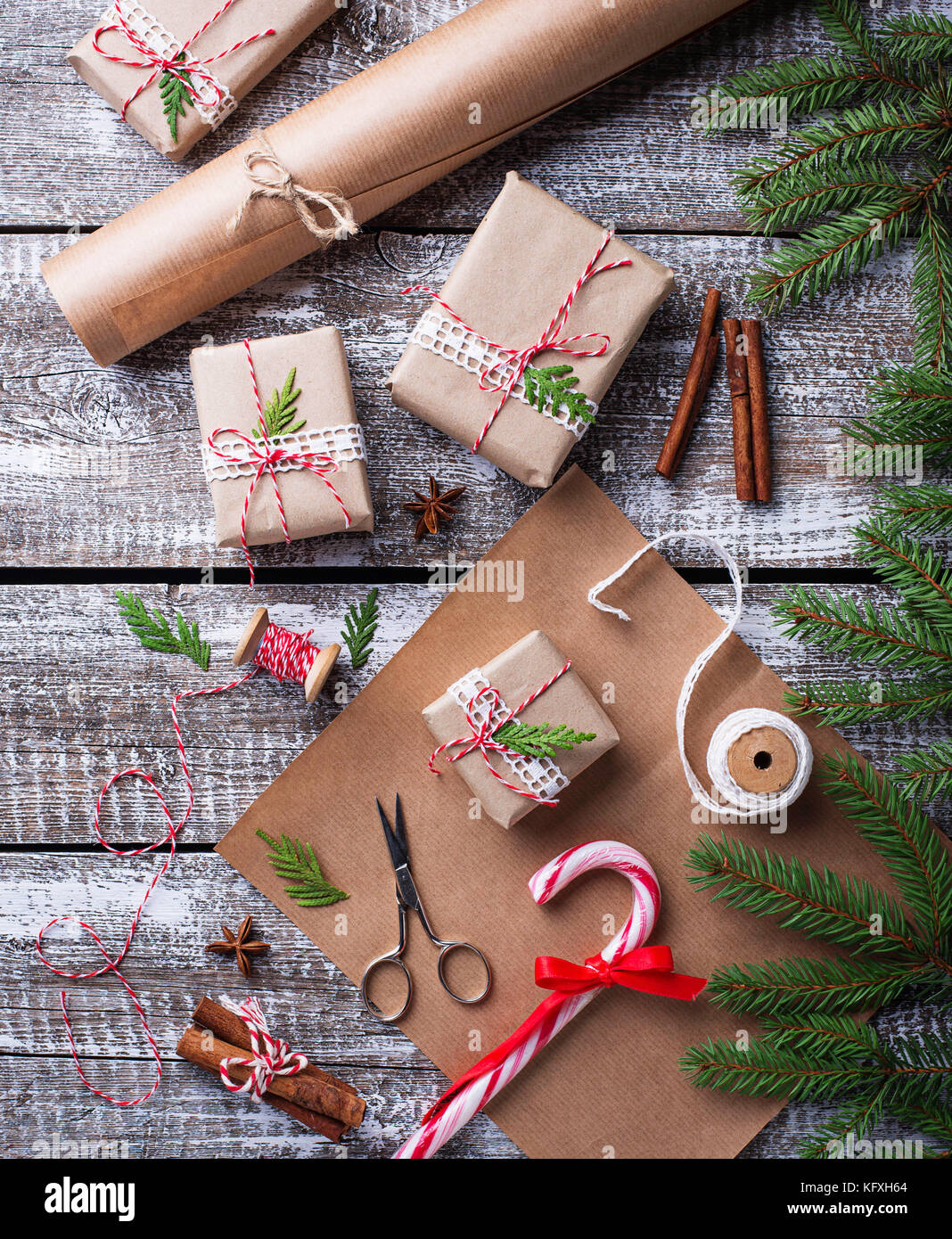 Process of packing boxes with Christmas gifts presents Stock Photo - Alamy