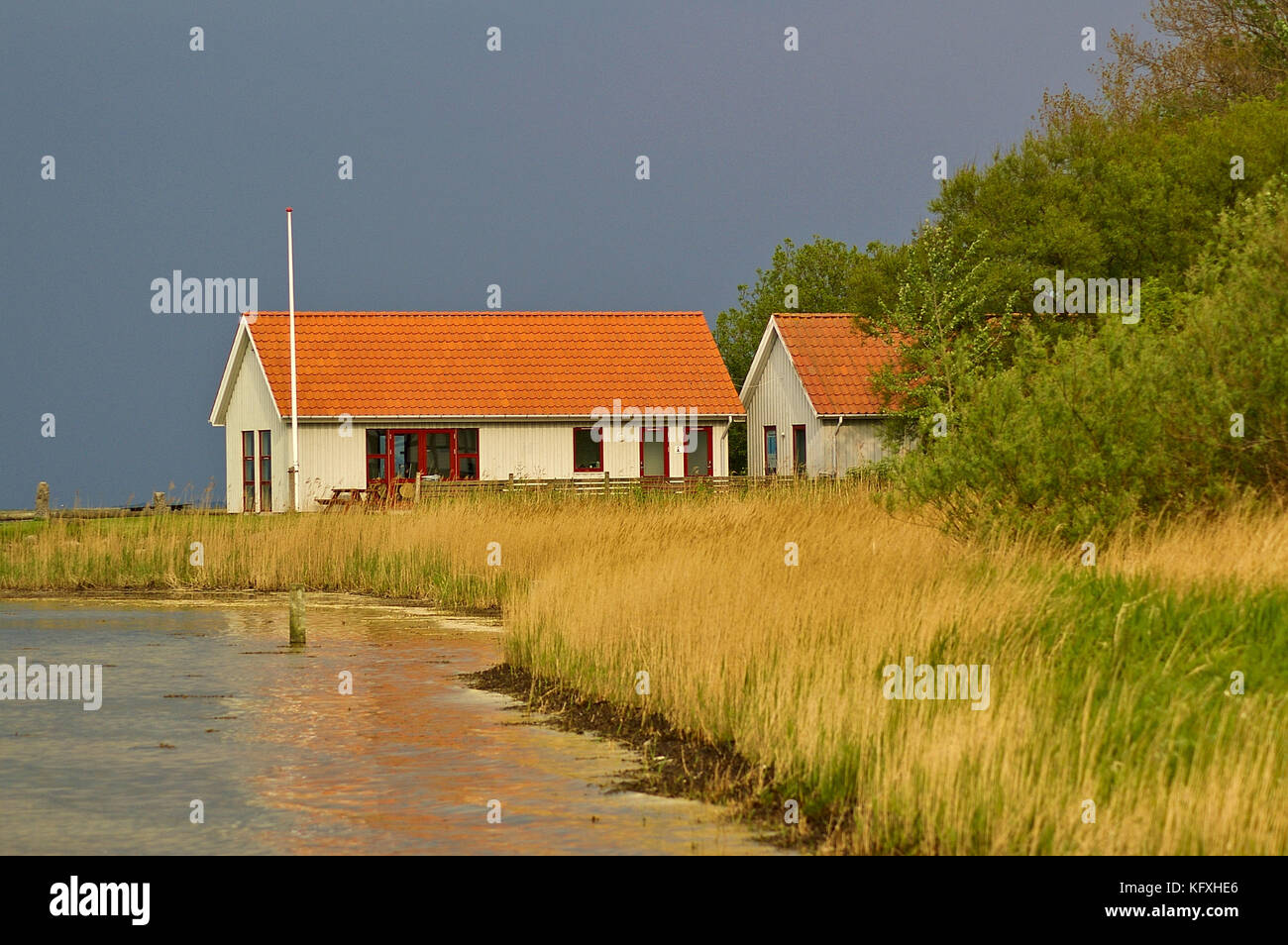 Lyo, Denmark - May 28th, 2011 - White clapboard house with red tile roof housing the marina facilities on the reed-covered shore of the island of Lyo  Stock Photo