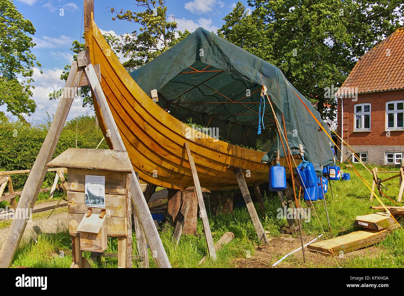 Lyo, Denmark - July 1st, 2012 - Reproduction of a wooden viking longboat Stock Photo