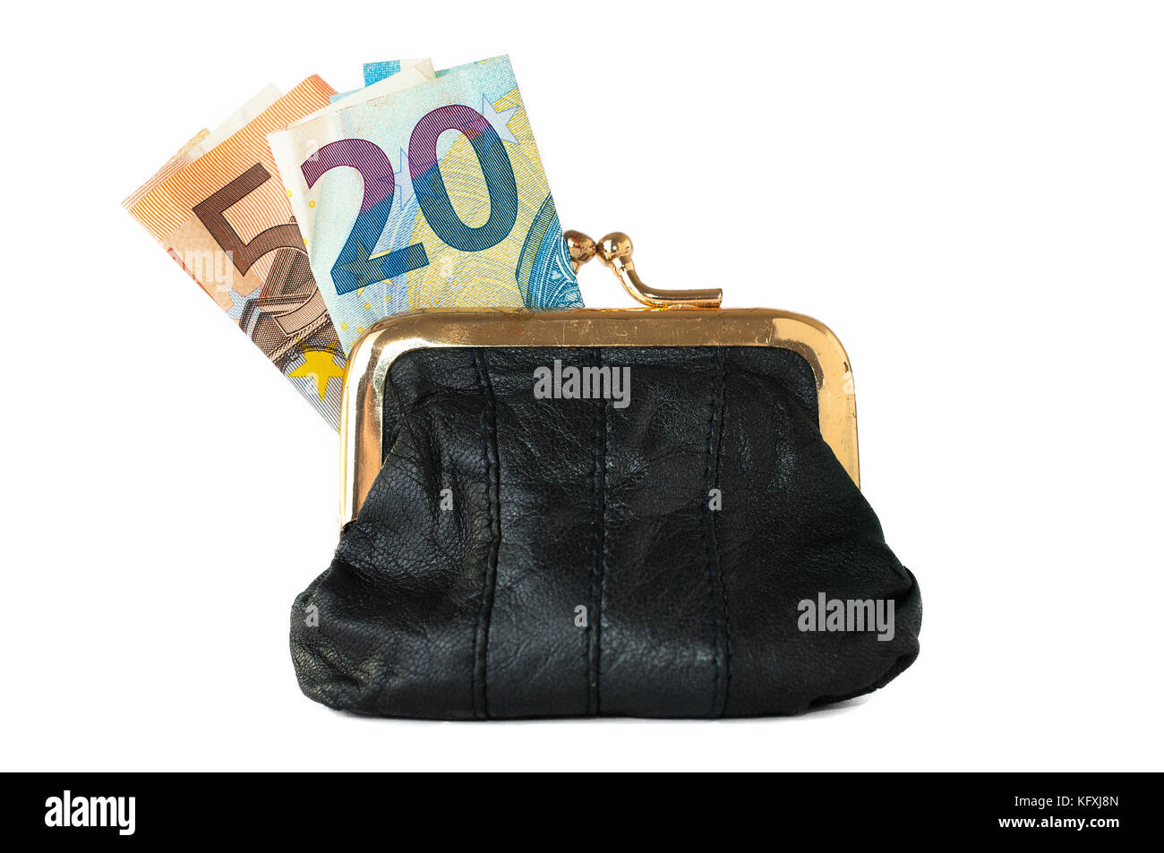 A black leather coin purse with euro banknotes inside Stock Photo