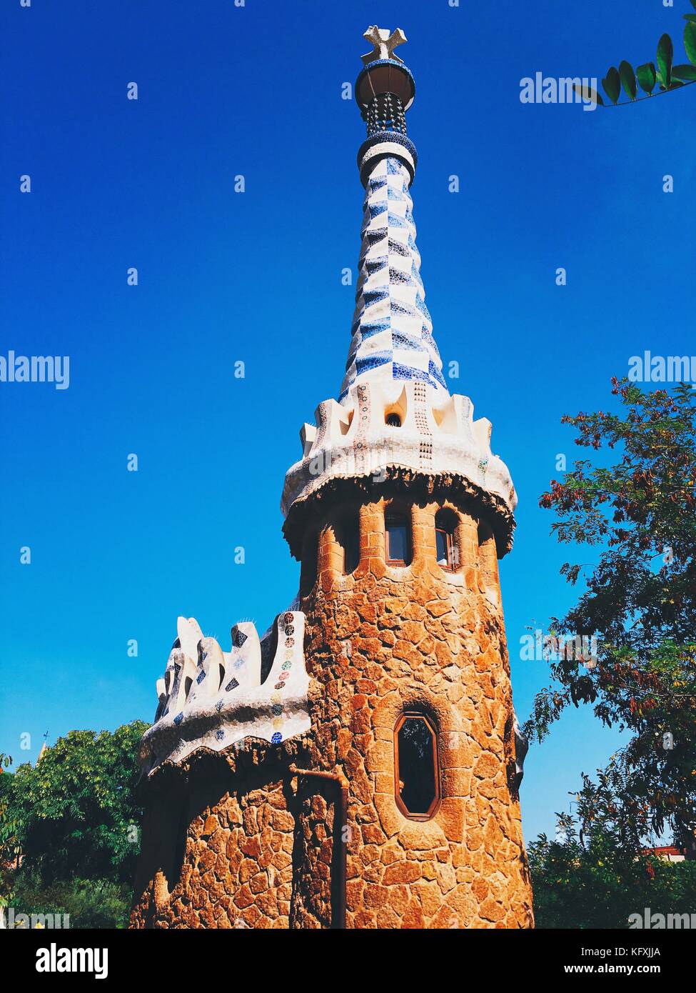 Fragments of the beautiful architecture in Park Guell. Parc Guell designed by Antoni Gaudi, is one of the world's most intriguing parks. Carmel Hill, Barcelona, Spain. Stock Photo