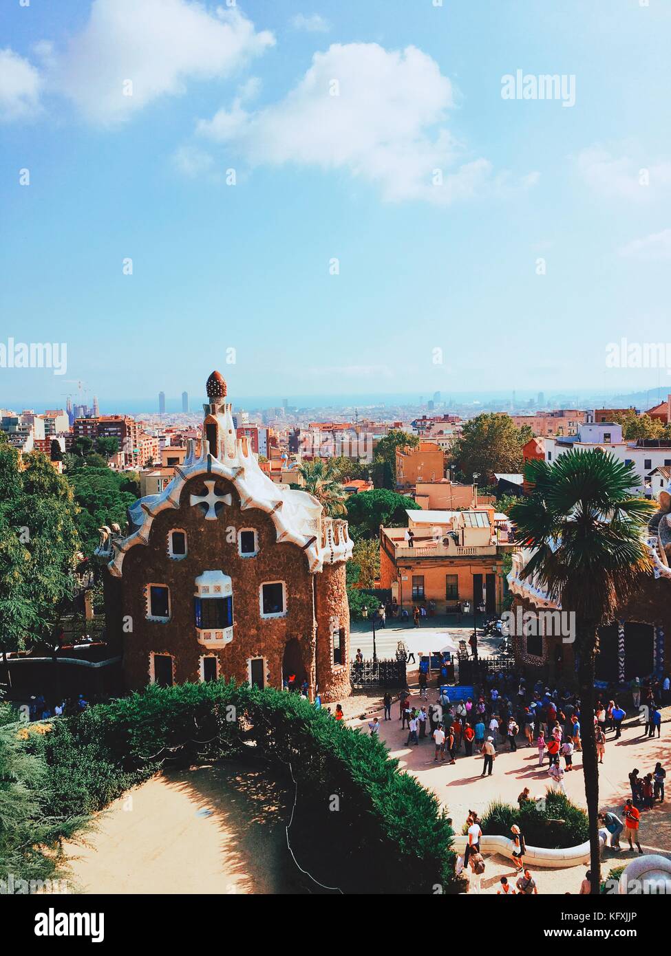 Fragments of the beautiful architecture in Park Guell. Parc Guell designed by Antoni Gaudi, is one of the world's most intriguing parks. Carmel Hill, Barcelona, Spain. Stock Photo