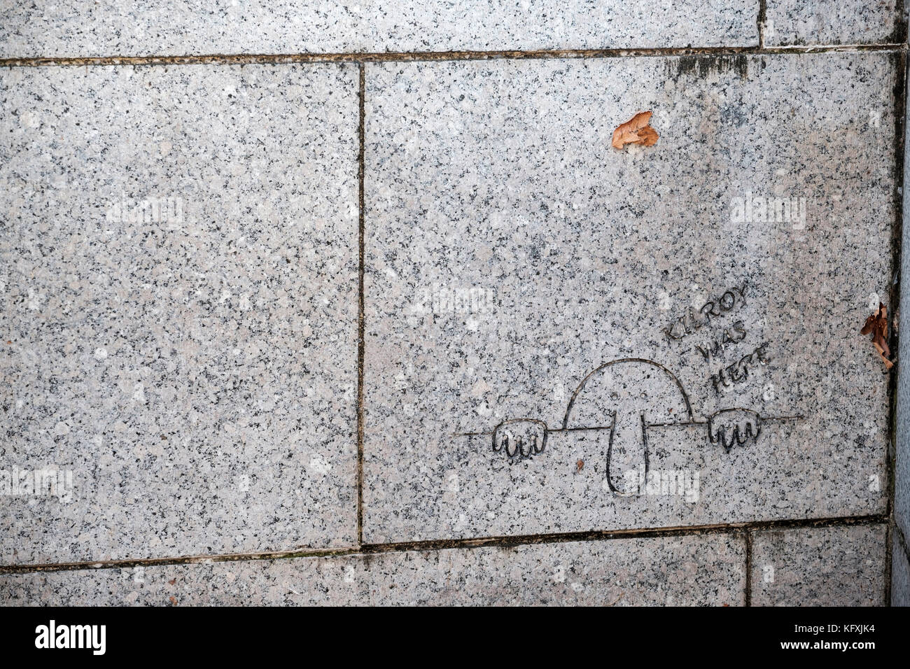 Engraving Kilroy Was Here next to the Pennsylvania pillar on the National World War II Memorial in Washington, DC, United States of America, USA. Stock Photo