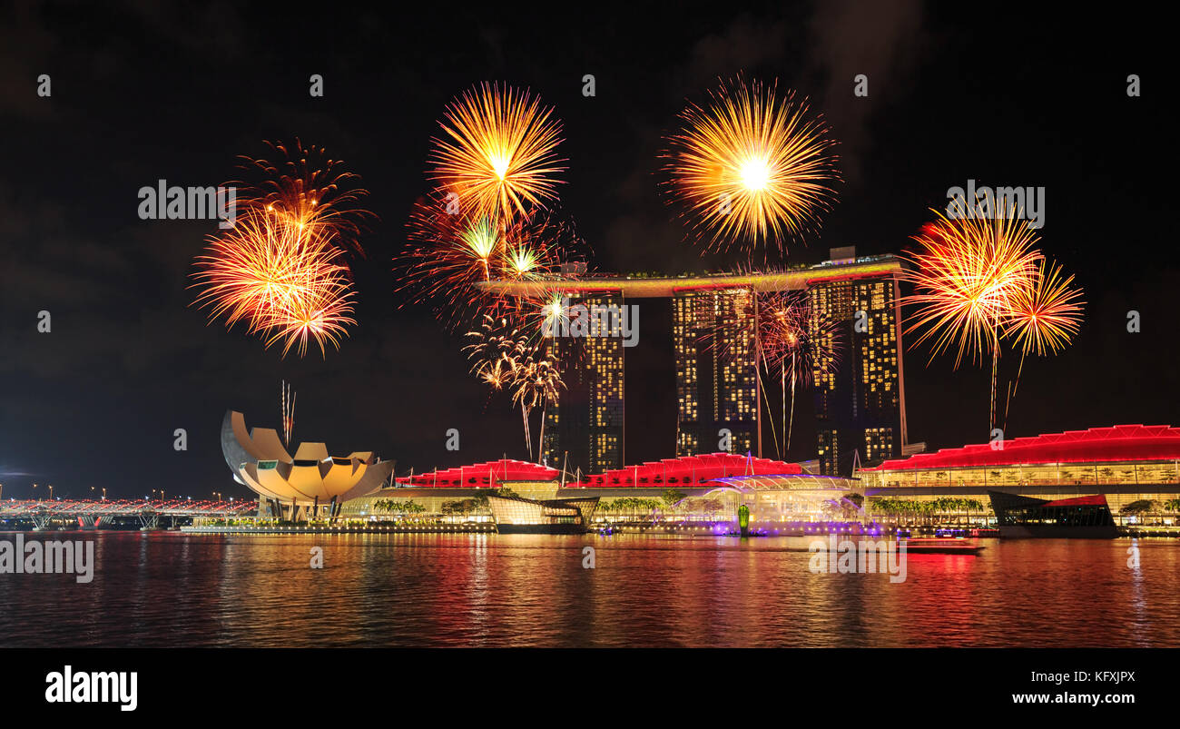 beautiful firework over marina bay at night, urban landscape of Singapore Stock Photo