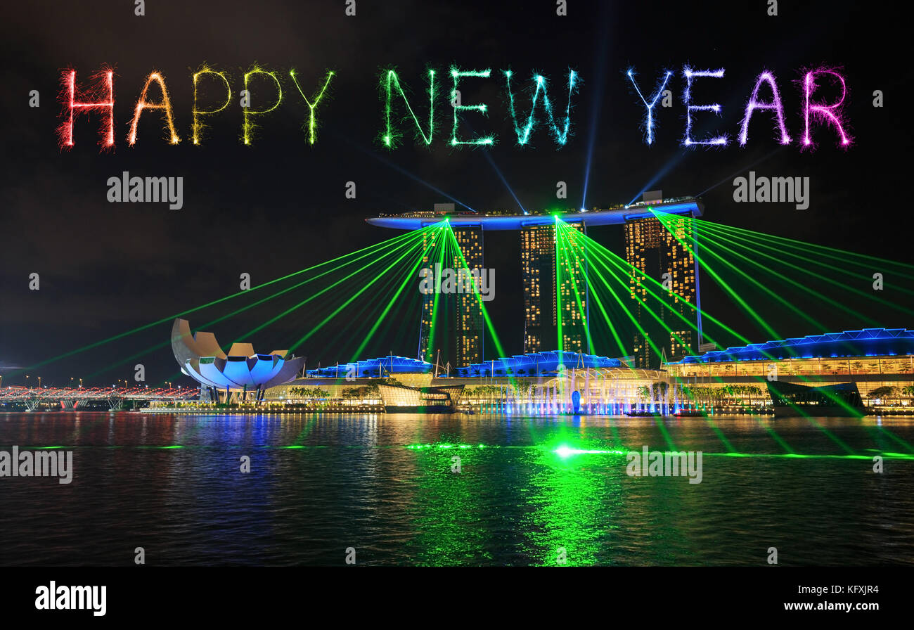 Happy new year firework Sparkle with Singapore city at night with laser show  in marina bay water front Stock Photo - Alamy