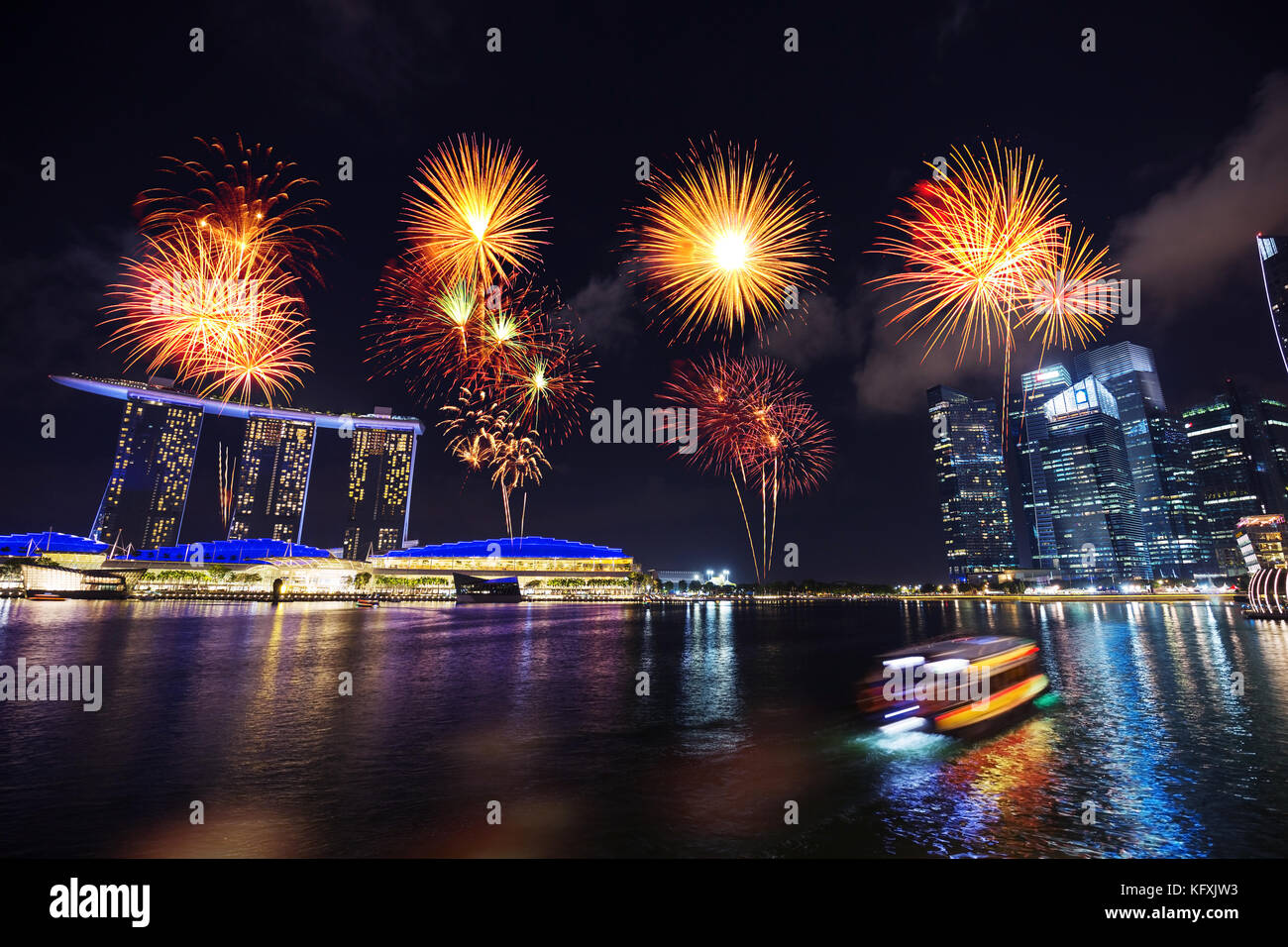 beautiful firework over marina bay at night, urban landscape of Singapore Stock Photo