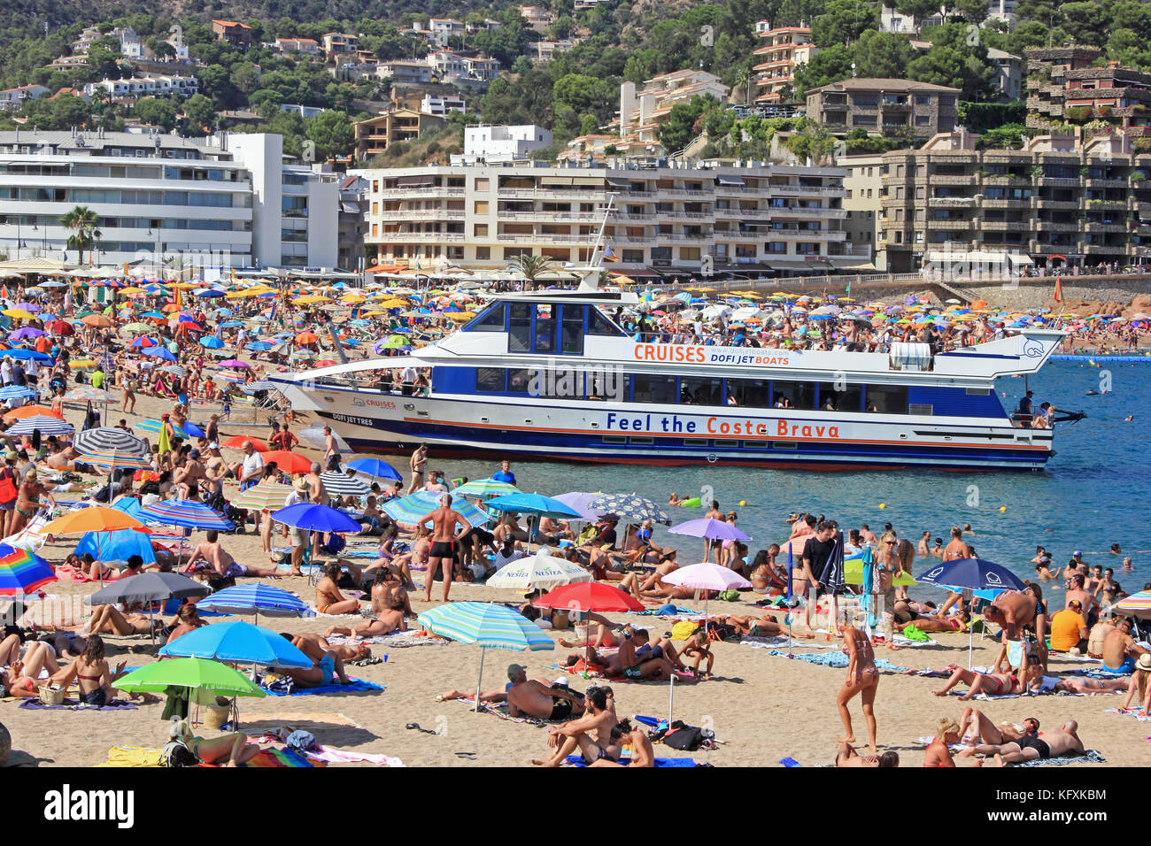 Tossa de Mar, beach, hotels and pleasure boat, Spain Stock Photo Alamy