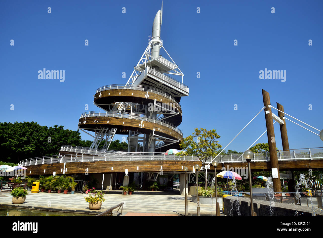 Spiral Lookout Tower in Tai Po Waterfront Park, Hong Kong. It was built to commemorate the handover of the sovereignty of Hong Kong to China. Stock Photo