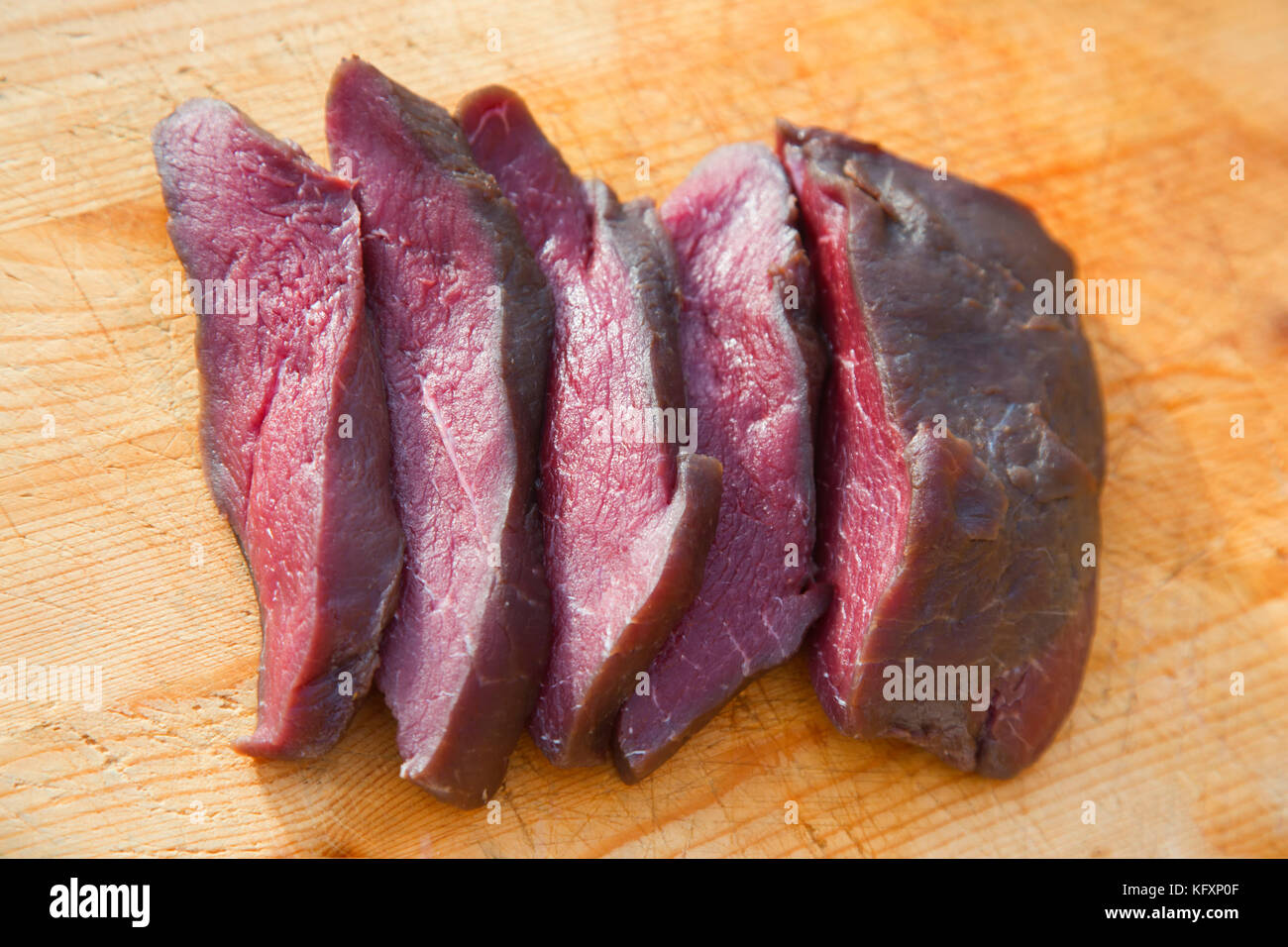Minke whale meat (Balaenoptera acutorostrata), Reine, Lofoten, Norway Stock Photo