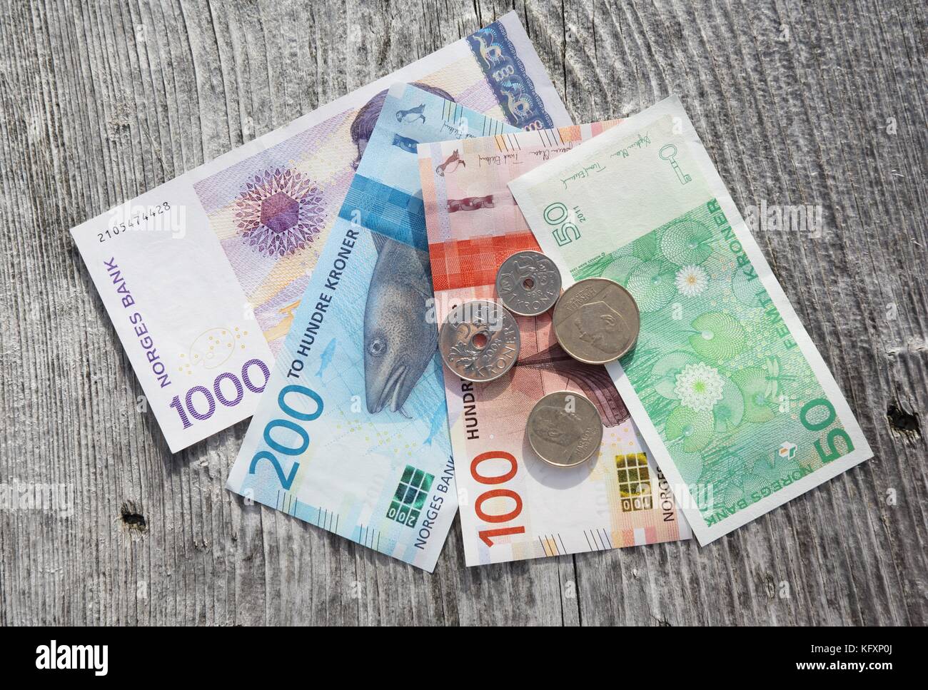 Norwegian kroner NOK. paper money and coins, Norway Stock Photo