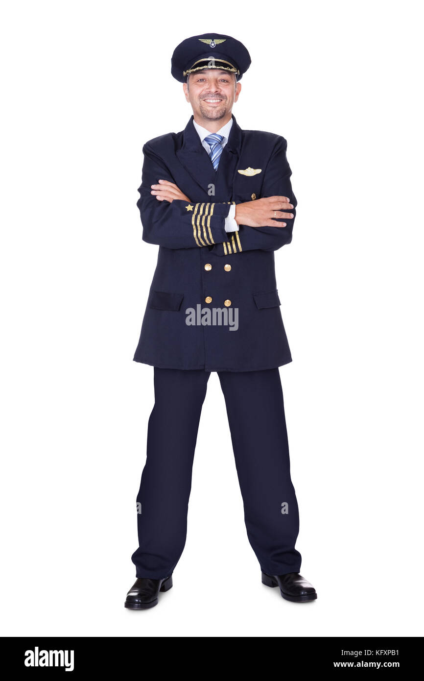 Portrait Of Happy Pilot On White Background Stock Photo