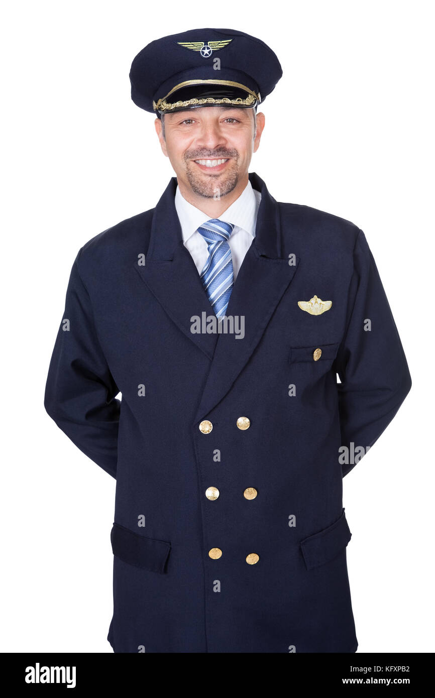 Portrait Of Happy Pilot On White Background Stock Photo