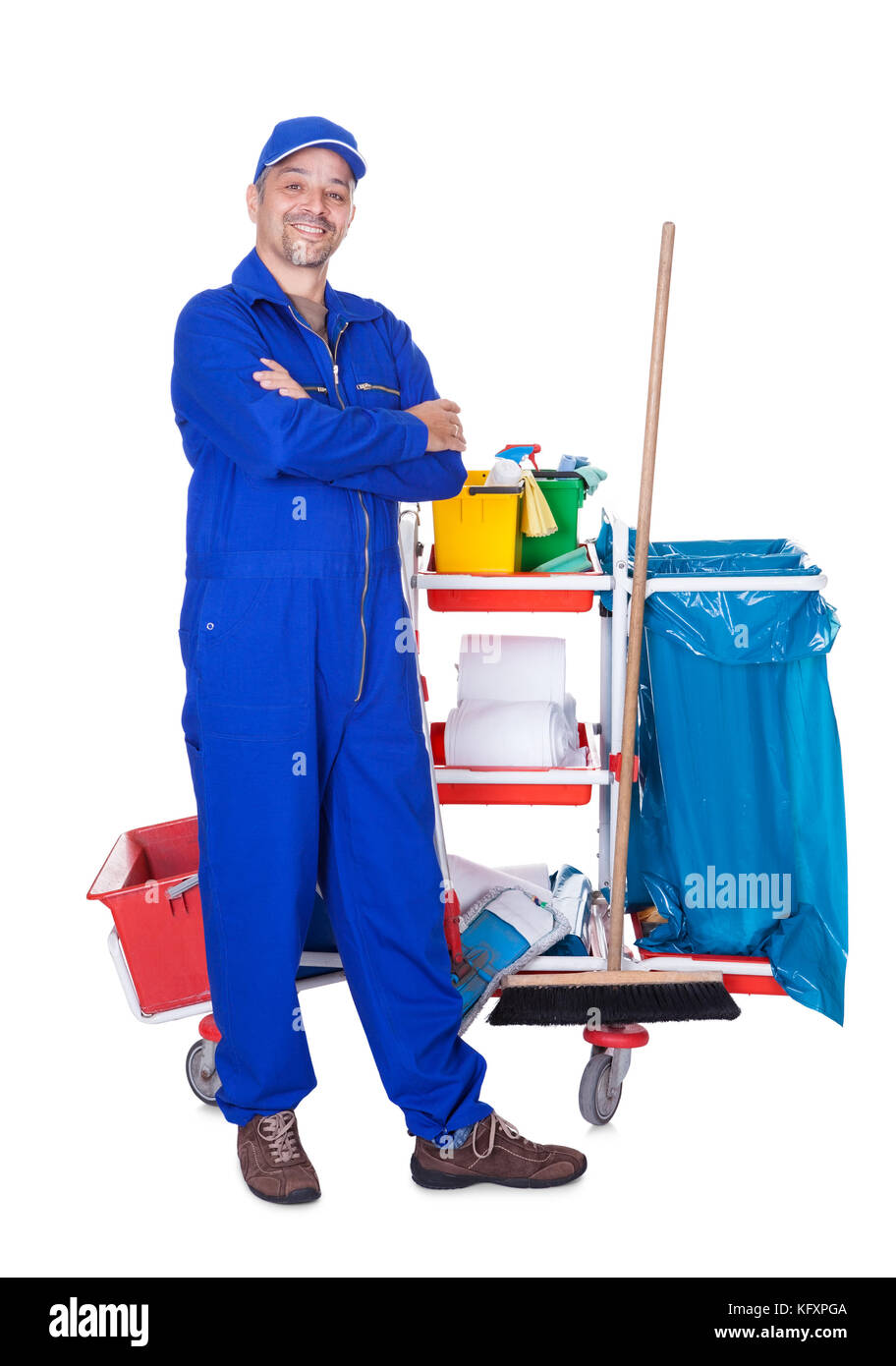 Portrait Of Smiling Cleaner Isolated On White Background Stock Photo