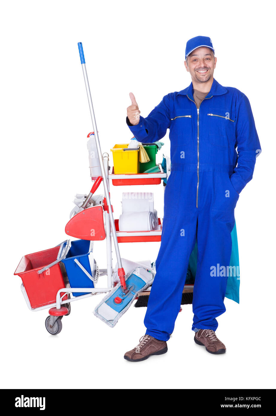 Portrait Of Smiling Cleaner Isolated On White Background Stock Photo