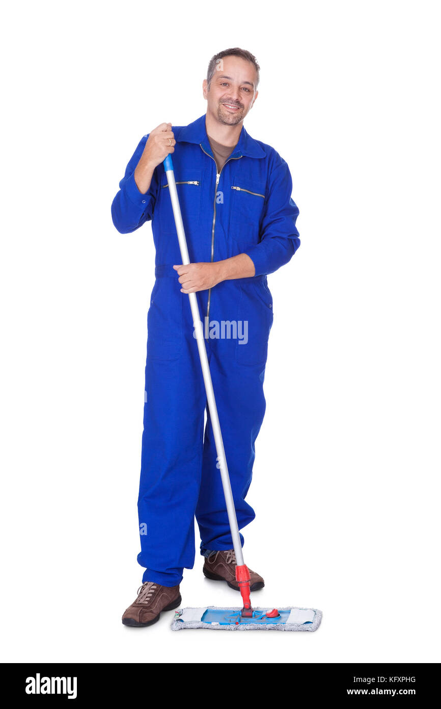 Happy Sweeper Cleaning Floor On White Background Stock Photo Alamy