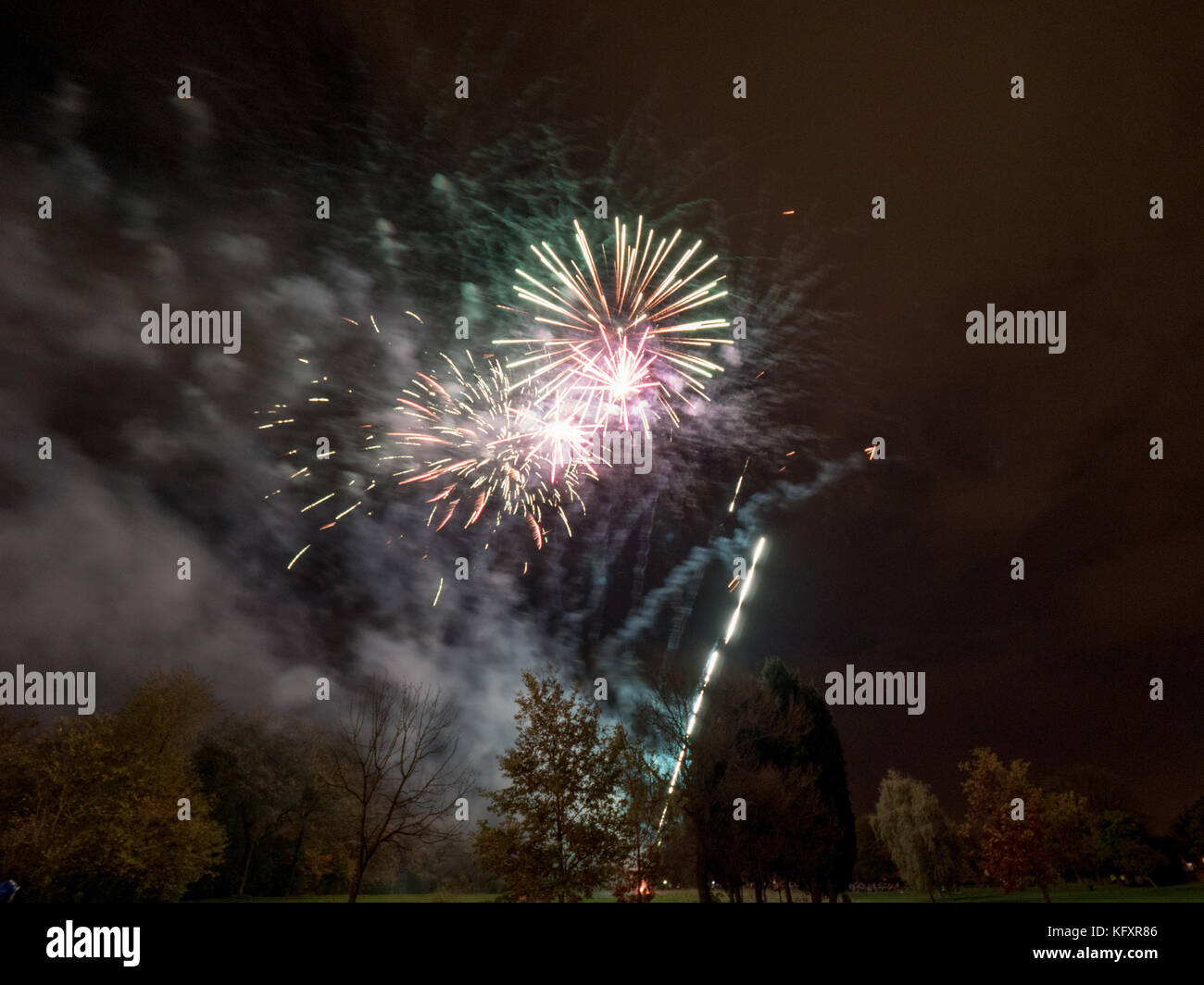 A public firework display at Brookdale Park in Manchester Stock Photo