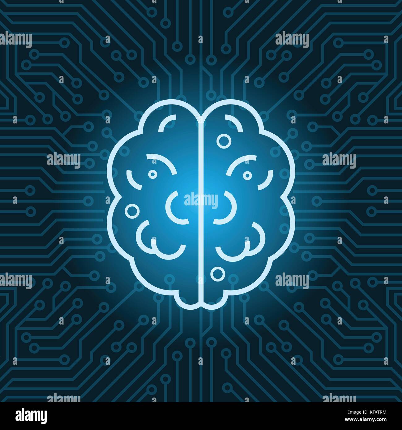 Brain Shape Icon Over Blue Circuit Motherboard Background Top View Stock Vector