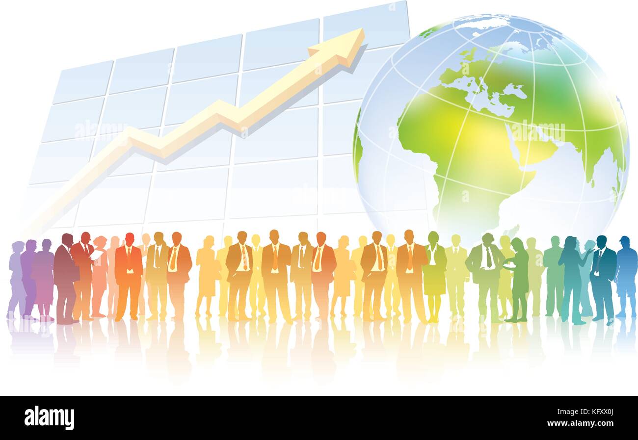 Businesspeople are standing in front of large chart and large world map. Stock Vector