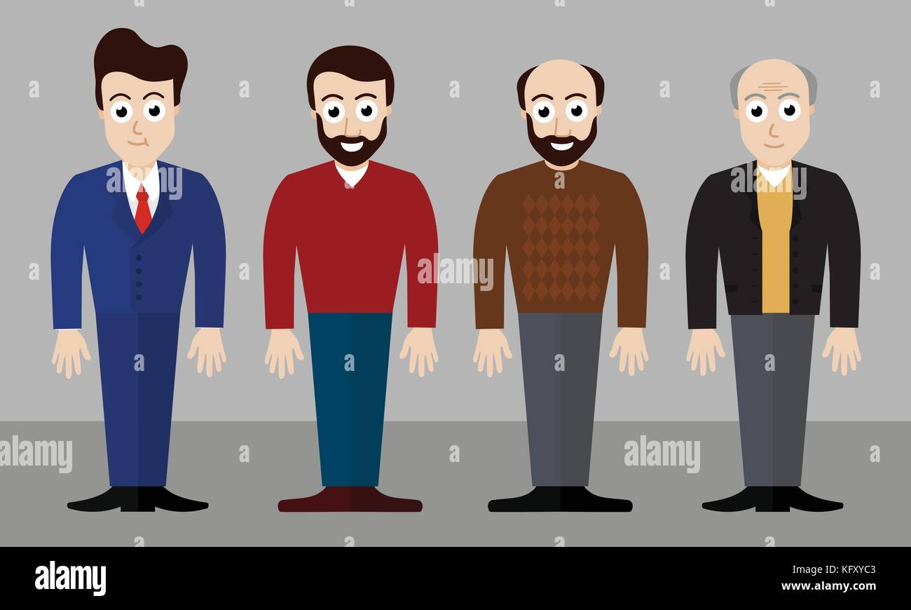 Set of vector illustrations of four men of different ages and in different clothes and with different hair styles - flat design Stock Vector