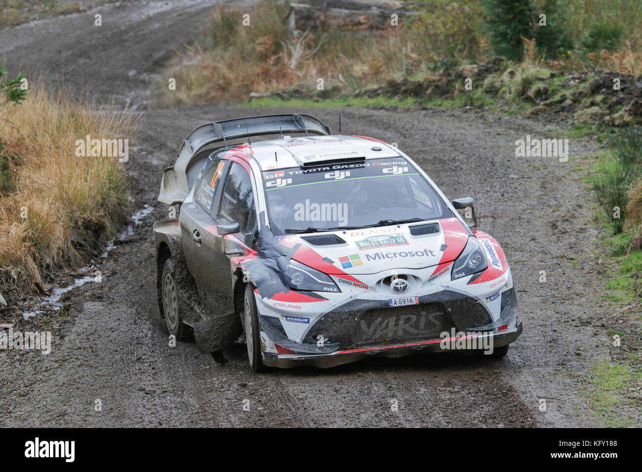 Esapekka Lappi and co-driver Janne Ferm in Toyota Yaris WRC number 12. Stage SS19 - Gwydir - Wales Rally GB 2017. Stock Photo