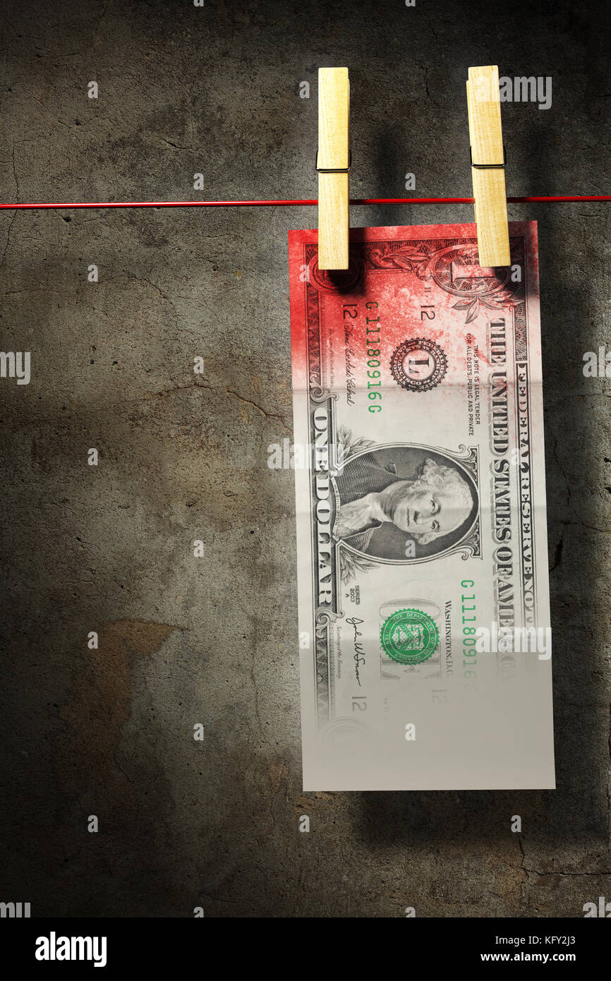 A blood stained dollar bill hang uo to dry. Money laundry concept. 3D illustration. Stock Photo