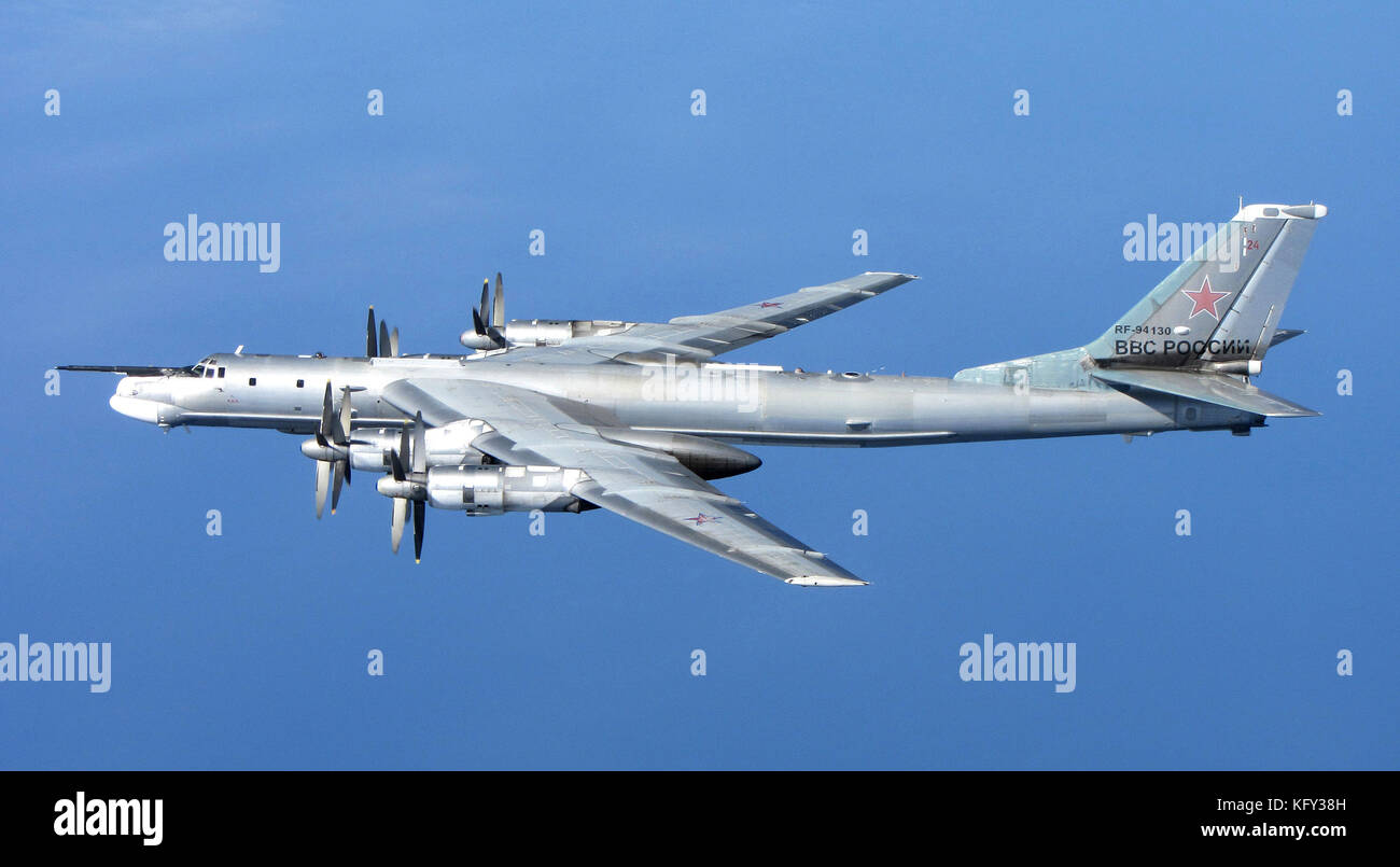 SOVIET TU-95 'Bear' H photographed from a RAF Typhoon Quick Reaction Alert aircraft (QRA) with 6 Squadron from RAF Leuchars in Scotland in April 2014.  Photo: MOD Stock Photo