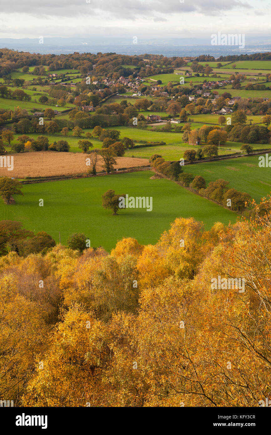 Autumn view of the Cheshire plain  from the Bickerton Hills section of the Sandstone Trail that  runs from Whitchurch  Shropshire Frodsham Cheshire Stock Photo