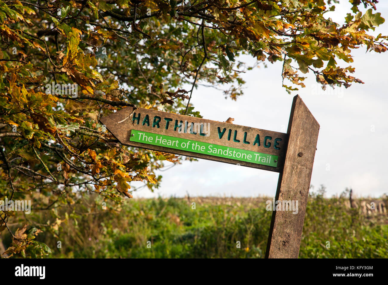 Sign post for Hatrhill village the heart of the Sandstone Trail in Cheshire Stock Photo