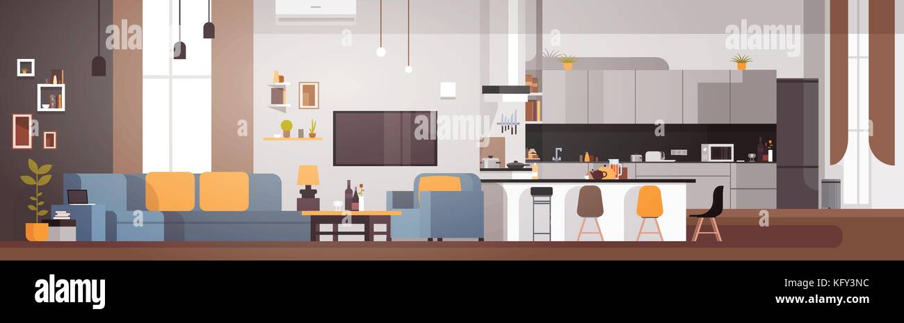 Modern Apartment Interior With Living Room And Kitchen Horizontal Banner Stock Vector