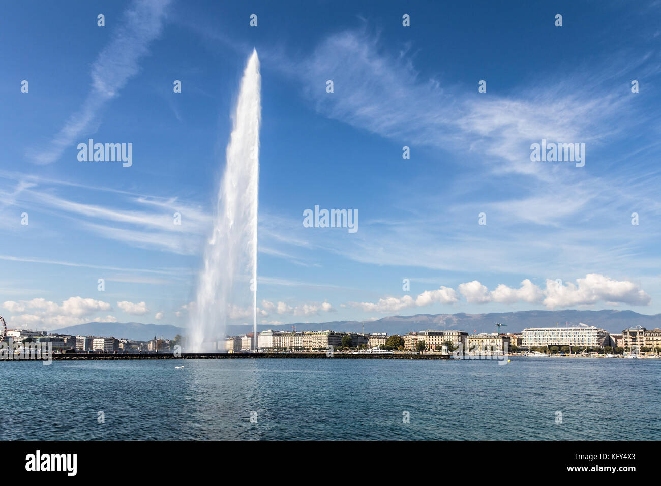 Geneva Cityscape With Its Famous Jet D Eau fountain On Geneva Lake On Geneva Cityscape With Its Famous Jet D Eau fountain On Geneva Lake On