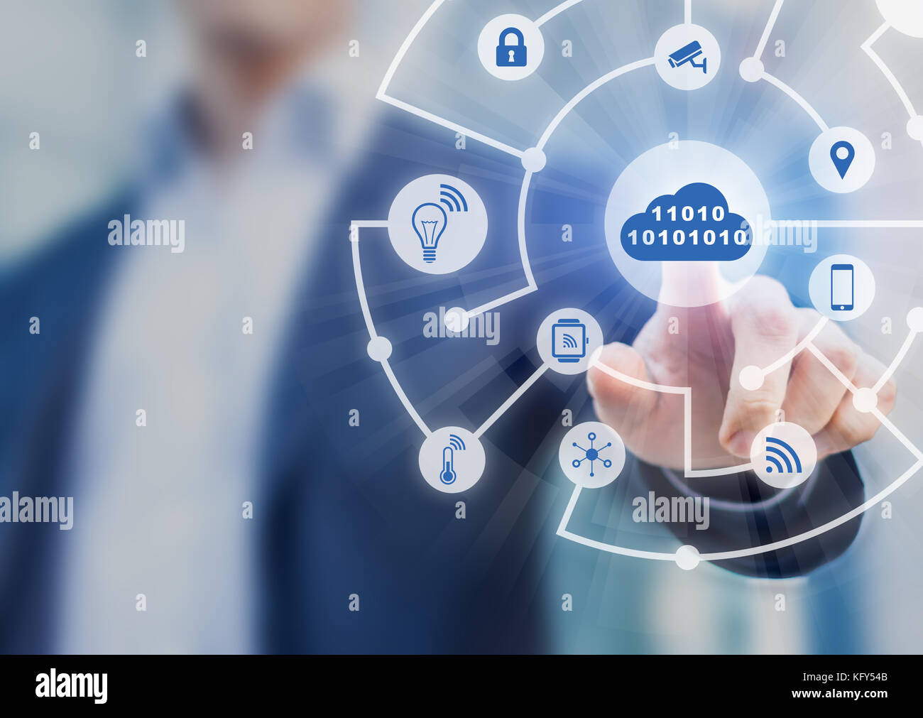 Internet of Things (IoT) technology concept with digital network of connected icons (smart home, cloud, wireless connection) on virtual interface, bus Stock Photo