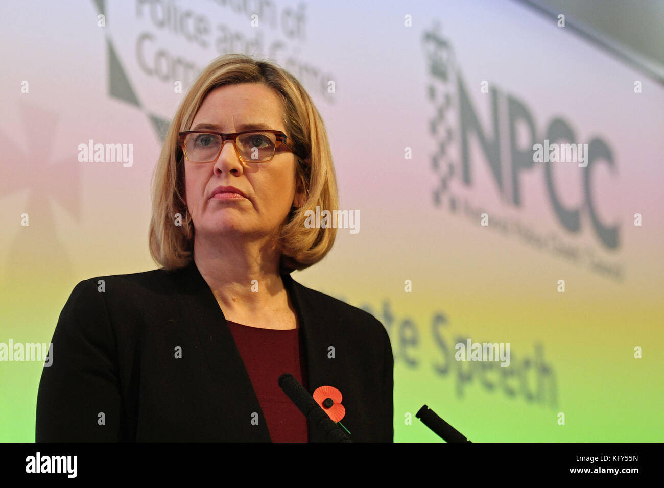 Home Secretary Amber Rudd addresses the National Police Chiefs and Association of Police and Crime Commissioners Conference at the Grange Tower Bridge Hotel in London. Stock Photo
