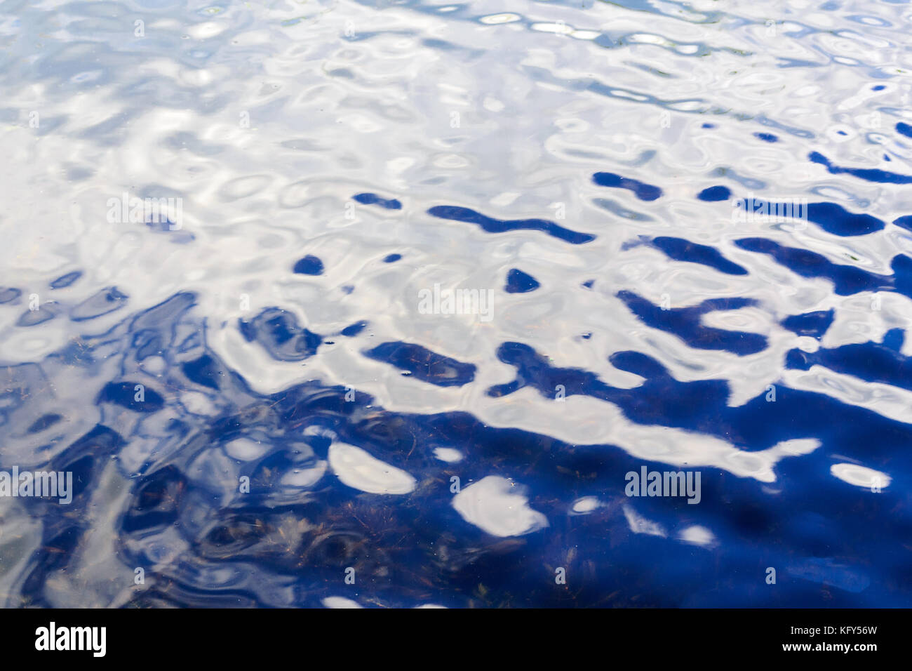 reflection of a calm blue sky with white clouds on the water of lake ...