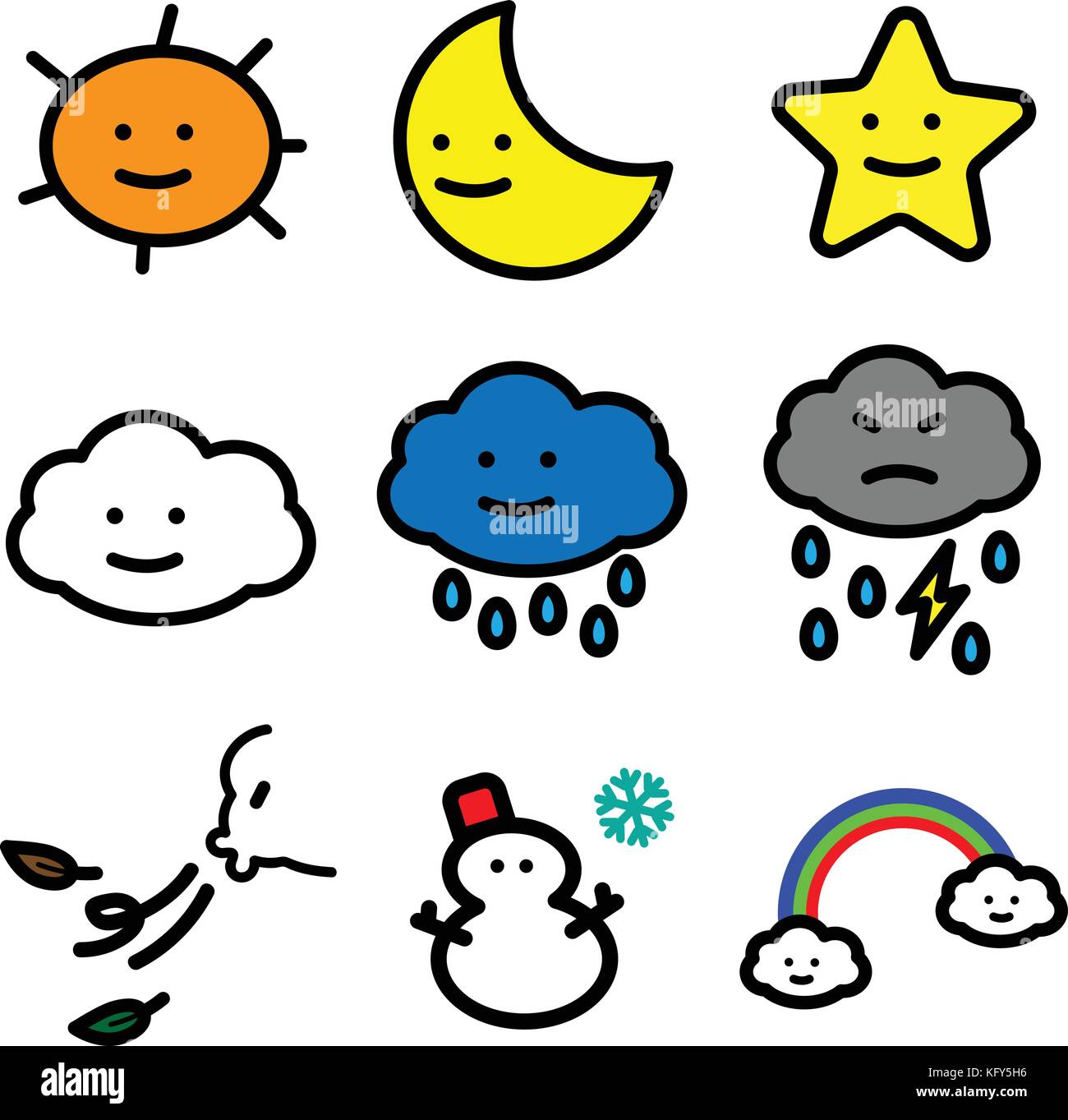 Simple line of Colorful Cartoon Weather icons for illustrator vector graphic design concept Stock Vector