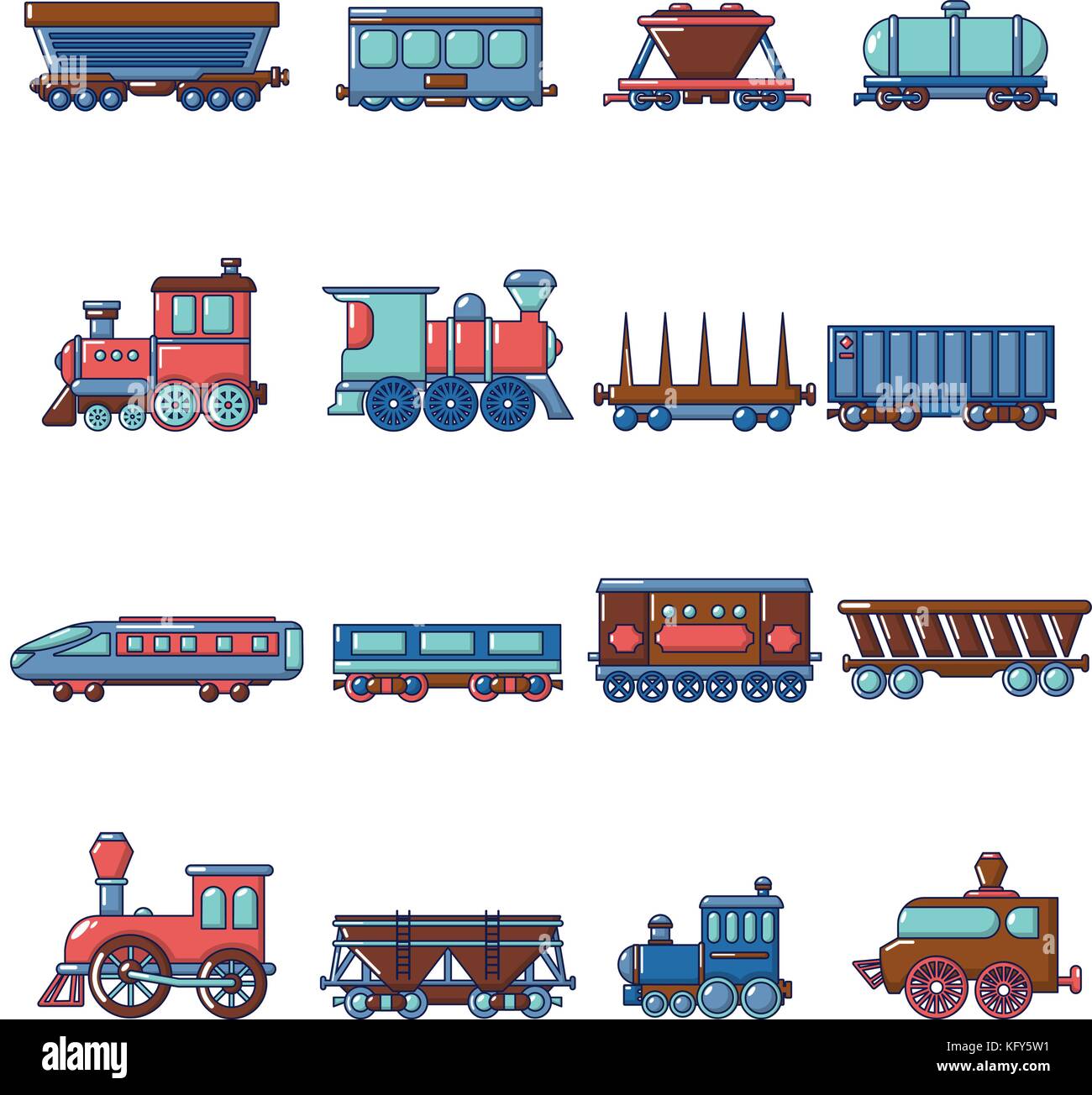 Railway carriage icons set, cartoon style Stock Vector