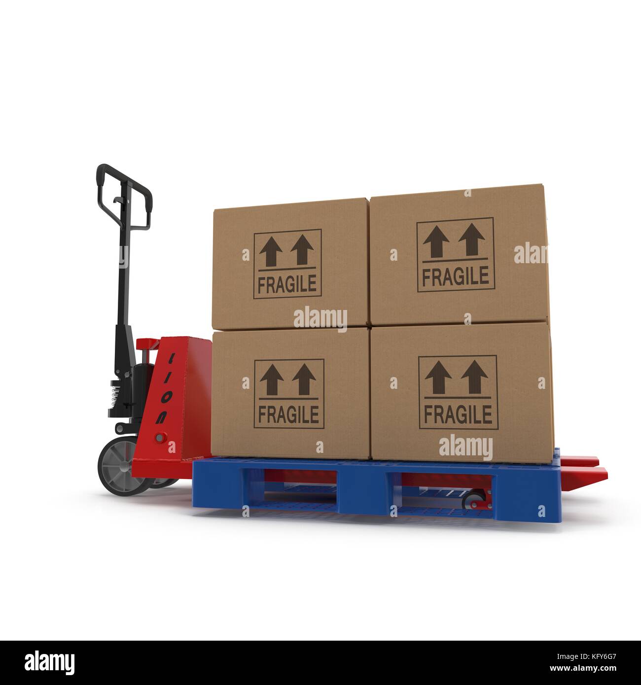 Fork pallet truck stacker with stack of boxes isolated on white 3D Illustration Stock Photo