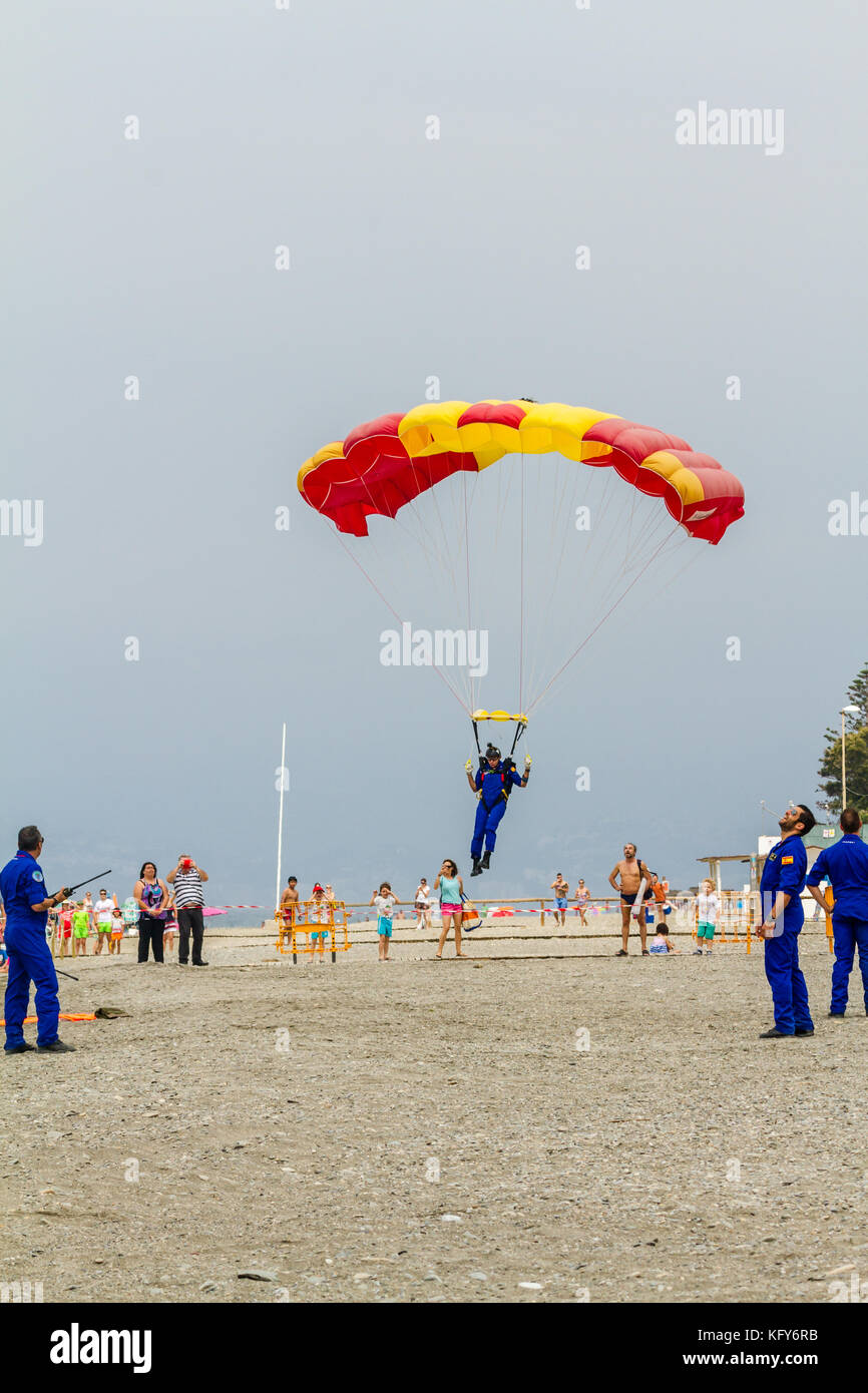 MOTRIL, GRANADA, SPAIN-JUN 10: Parachutist of the PAPEA taking part in an exhibition on the 12th international airshow of Motril on Jun 10, 2017, in M Stock Photo