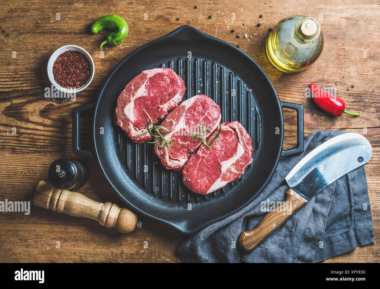 Ingredients for cooking Rib eye roast beef steak in pan Stock Photo Alamy