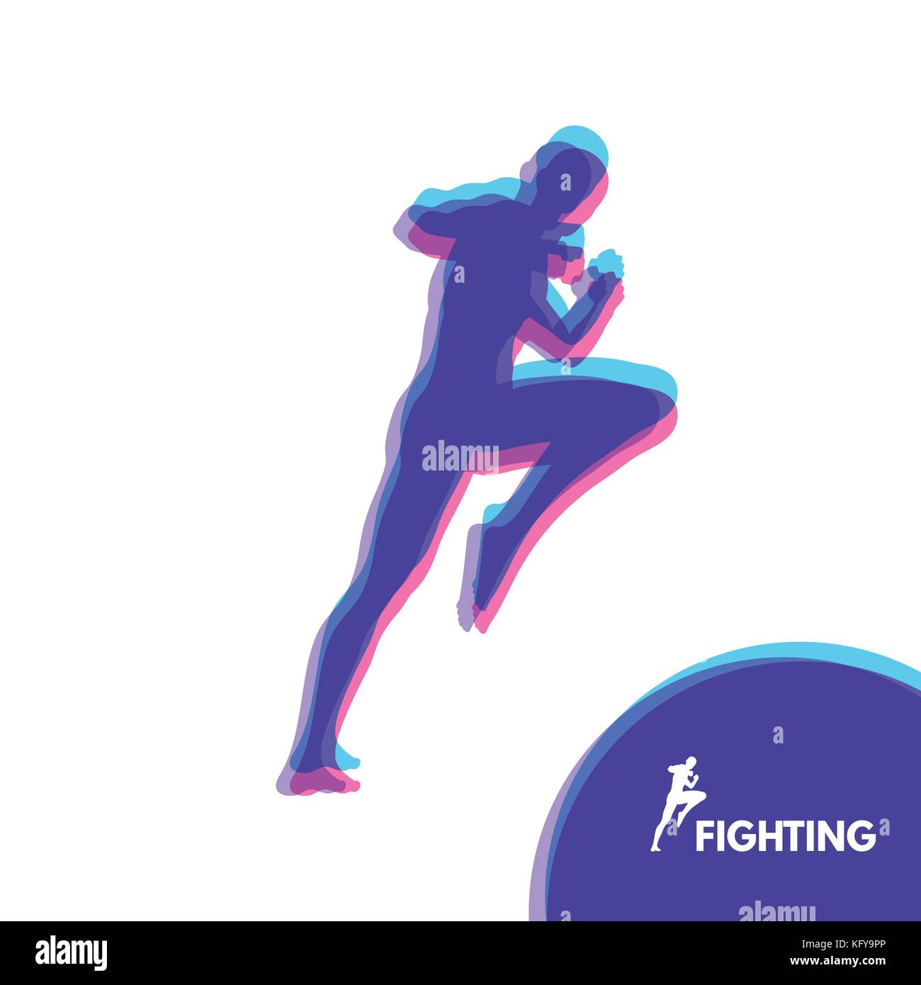 Kickbox fighter preparing to execute a high kick. Silhouette of a fighting man. Design template for Sport. Emblem for training. Vector Illustration. Stock Vector