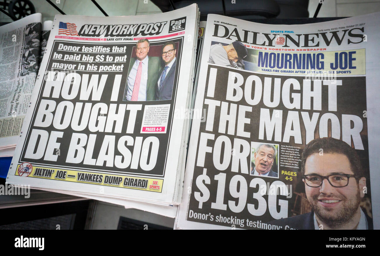 Front pages of New York newspapers on Friday, October 27, 2017 report on the previous days' testimony of the Jona Rechnitz in the Norman Seabrook corruption in which he claimed under oath that he gave money to Mayor Bill de Blasio in a pay-to-play arrangement where his money was in exchange for favors from the mayor.  (© Richard B. Levine) Stock Photo