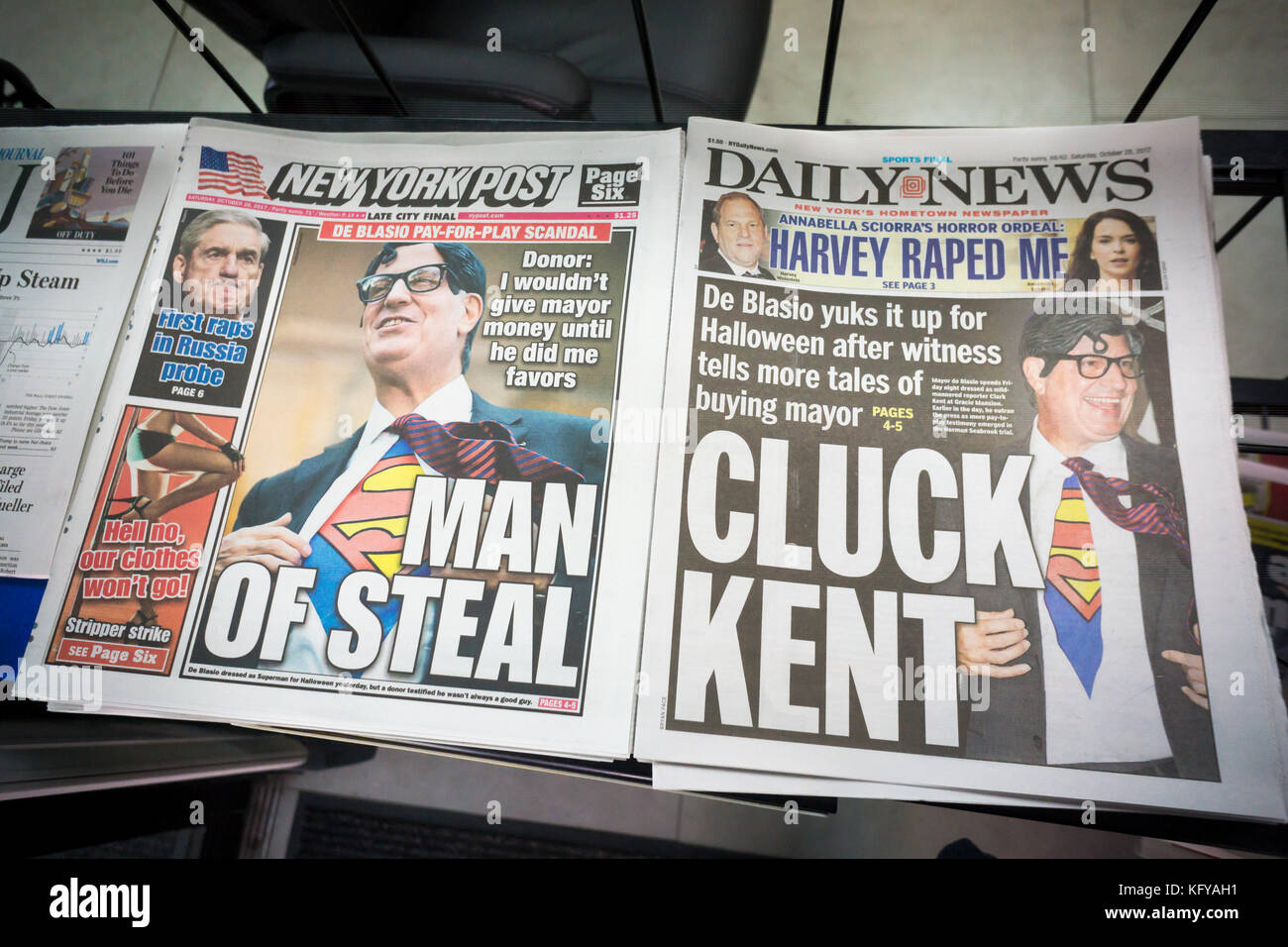 Front pages of New York newspapers on Saturday, October 28, 2017 report on the previous days' testimony of the Jona Rechnitz in the Norman Seabrook corruption in which he claimed under oath that he gave money to Mayor Bill de Blasio in a pay-to-play arrangement where his money was in exchange for favors from the mayor.  (© Richard B. Levine) Stock Photo