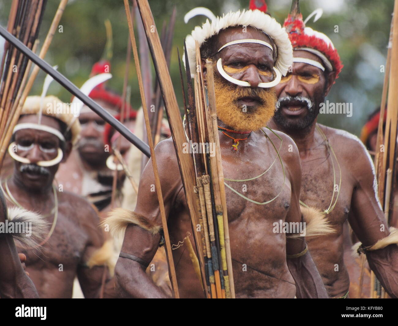 Tribal warriors with war paint and bone decoration at the Baliem Valley Festival Stock Photo