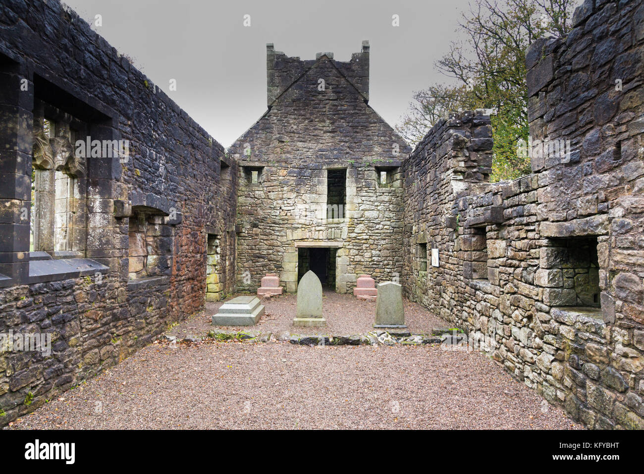 Castle Semple, Lochwinnoch, Scotland-October 28, 2017: Nature Trail at Castle Semple that also incorporates Castle Semple Collegiate Church. This imag Stock Photo